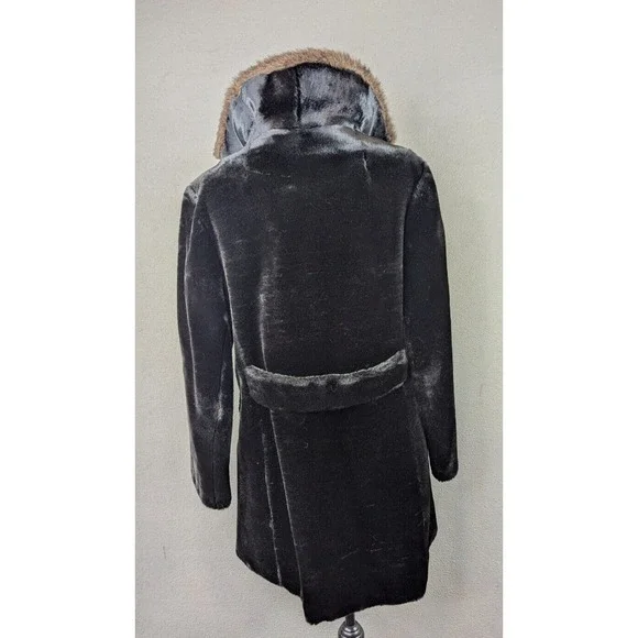 Vtg Glenorba Glenoit Faux Fur Coat Womens Black Brown Trim Winter Cozy Retro USA - Picture 13 of 16